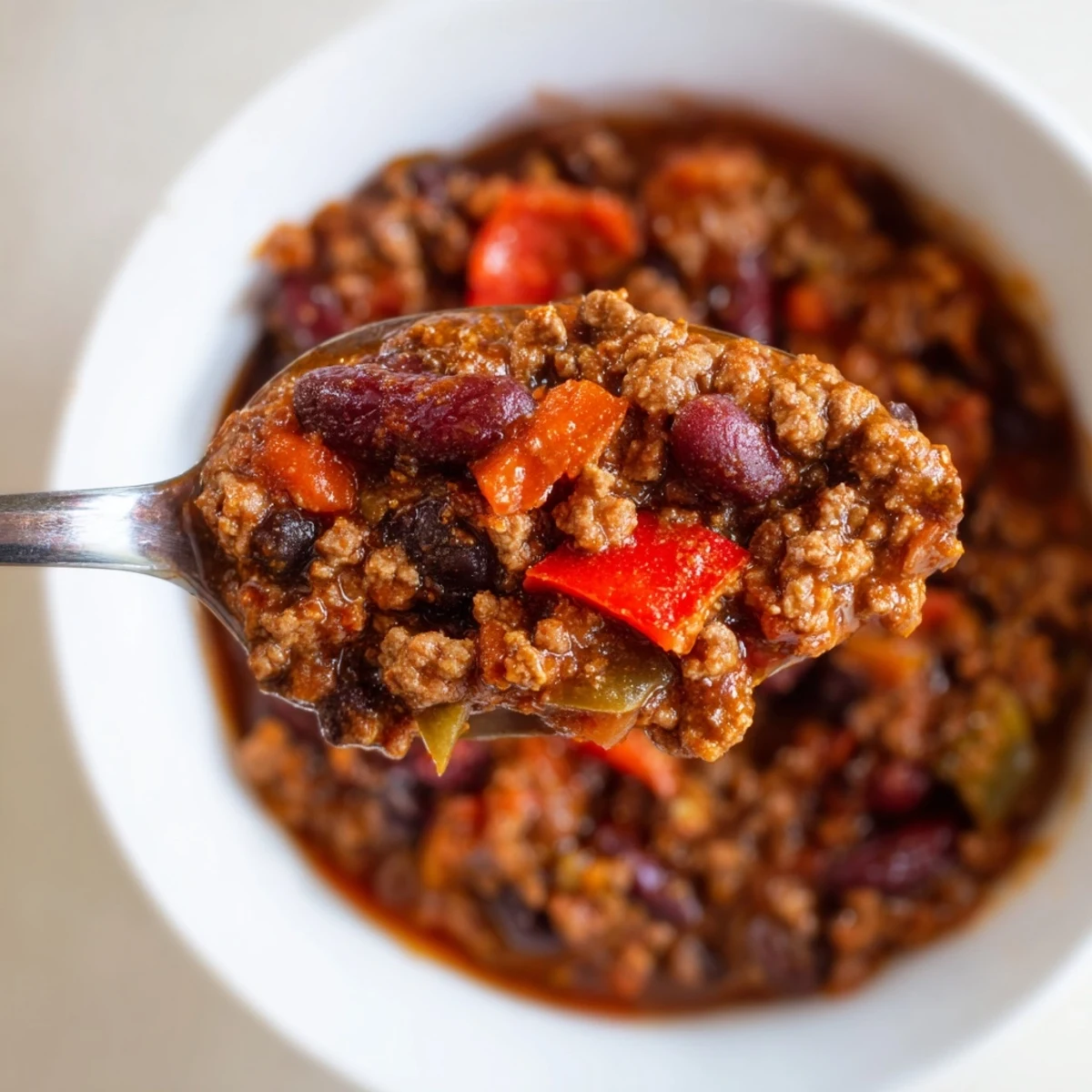 Close up view of rich Beef and Bean Chili with Cornbread showing tender beef and beans next to a buttery slice.