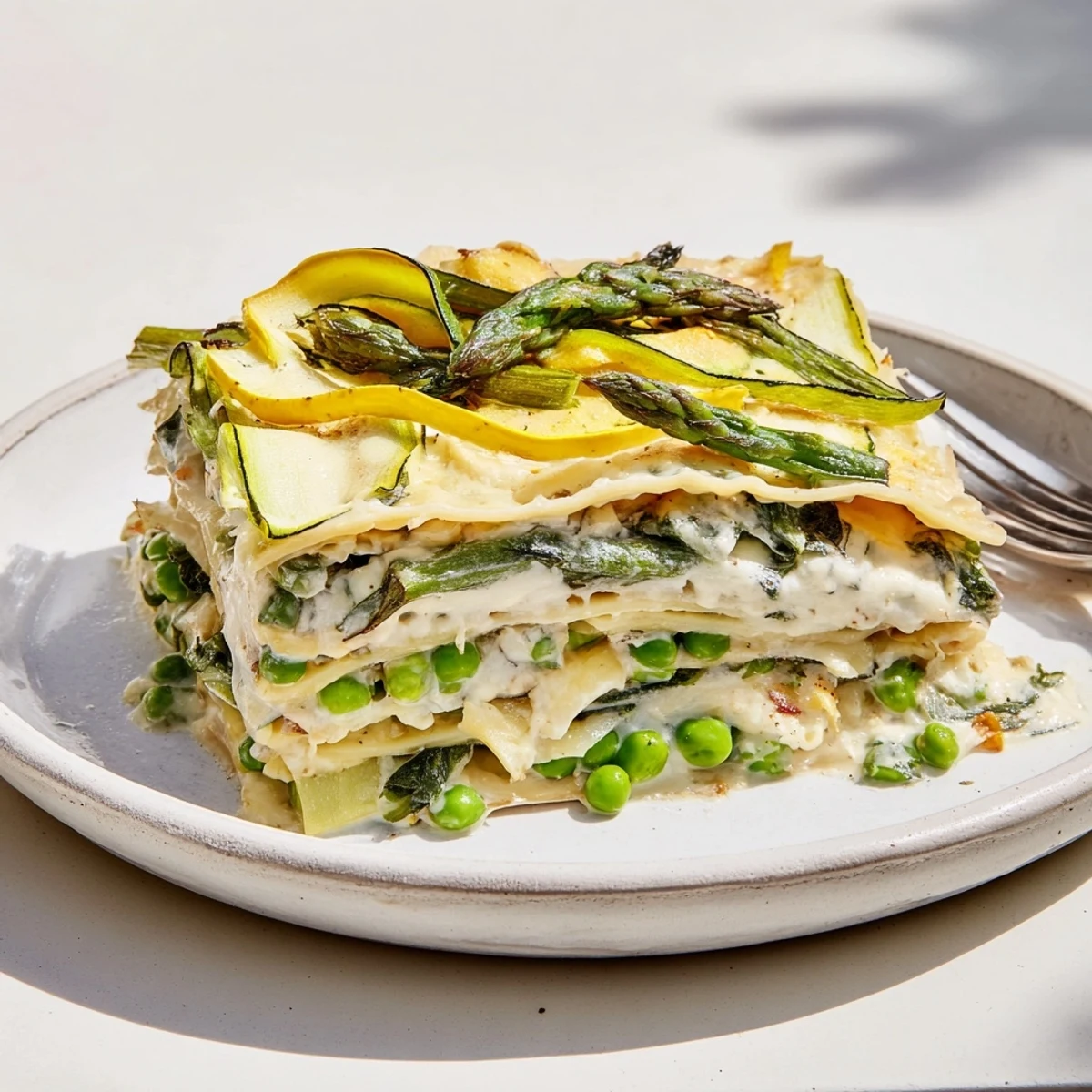 Spring Vegetable Lasagna with White Sauce baked golden and bubbling with layers of tender zucchini, asparagus, and creamy béchamel.
