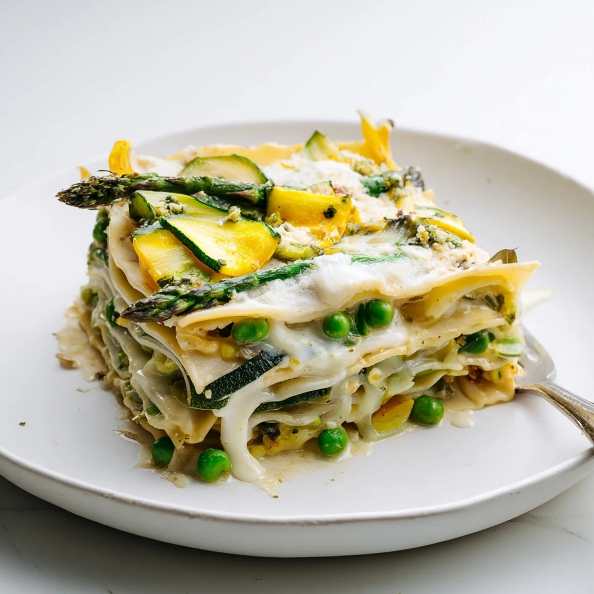 Sliced Spring Vegetable Lasagna with White Sauce shows melted mozzarella and ricotta on a dinner plate, ready to serve.