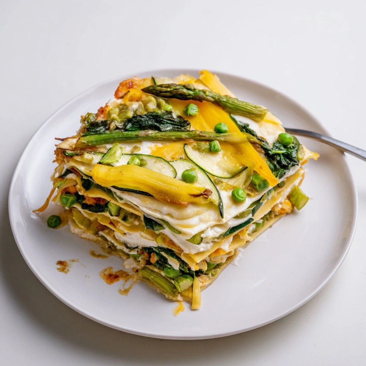 Spring Vegetable Lasagna with White Sauce features colorful veggies, a nutmeg-scented sauce, and fresh herbs in a baking dish.