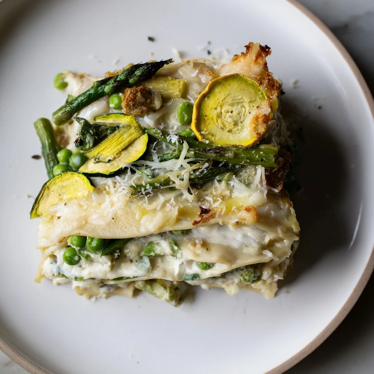 Golden slices of Spring Vegetable Lasagna with Béchamel, topped with melted mozzarella and fresh herbs, served on a white plate.
