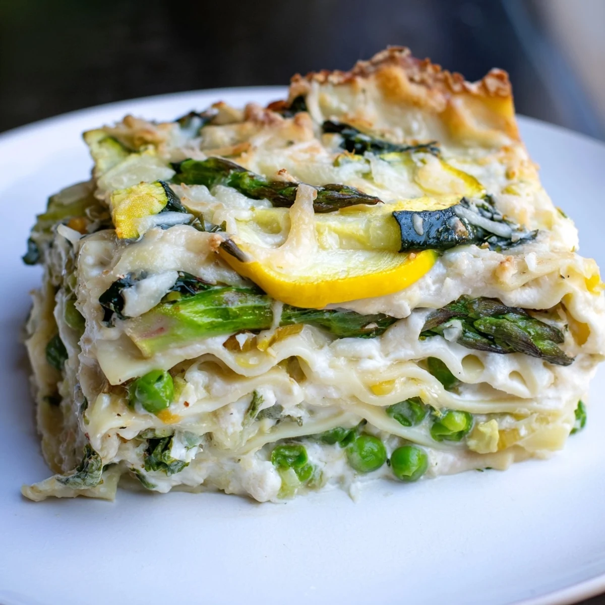 A close-up of Spring Vegetable Lasagna with Béchamel layers, revealing creamy ricotta, asparagus, zucchini, and a rich white sauce.