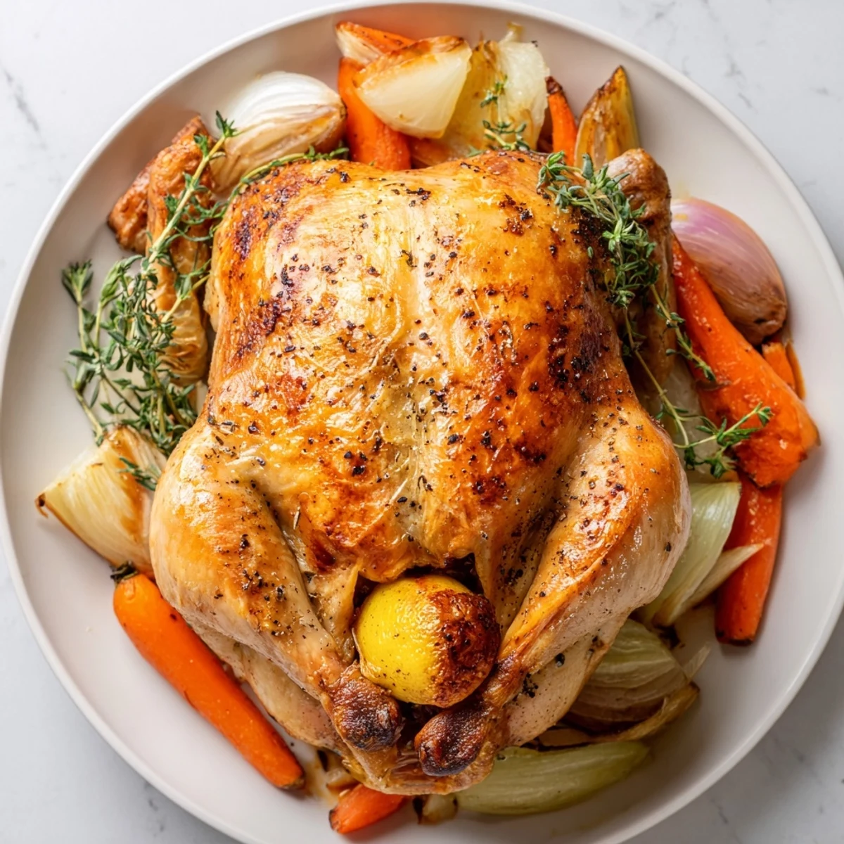 Golden roasted chicken with lemon and fresh herbs rests on a platter beside roasted carrots and onions, garnished with rosemary sprigs.