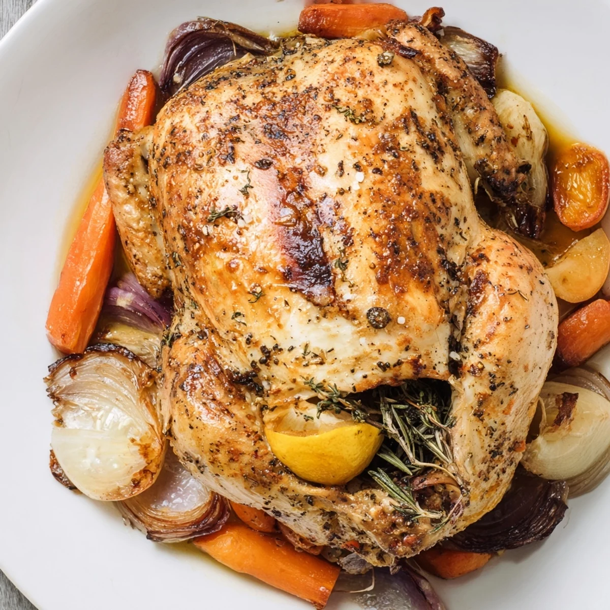 Succulent roasted chicken with lemon and fresh herbs features crispy skin and rosemary, plated with rustic vegetables and a lemon wedge.