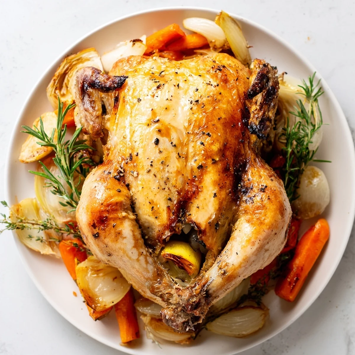 Juicy roasted chicken with lemon and fresh herbs is served on a cutting board with pan juices, sliced carrots, and onions.