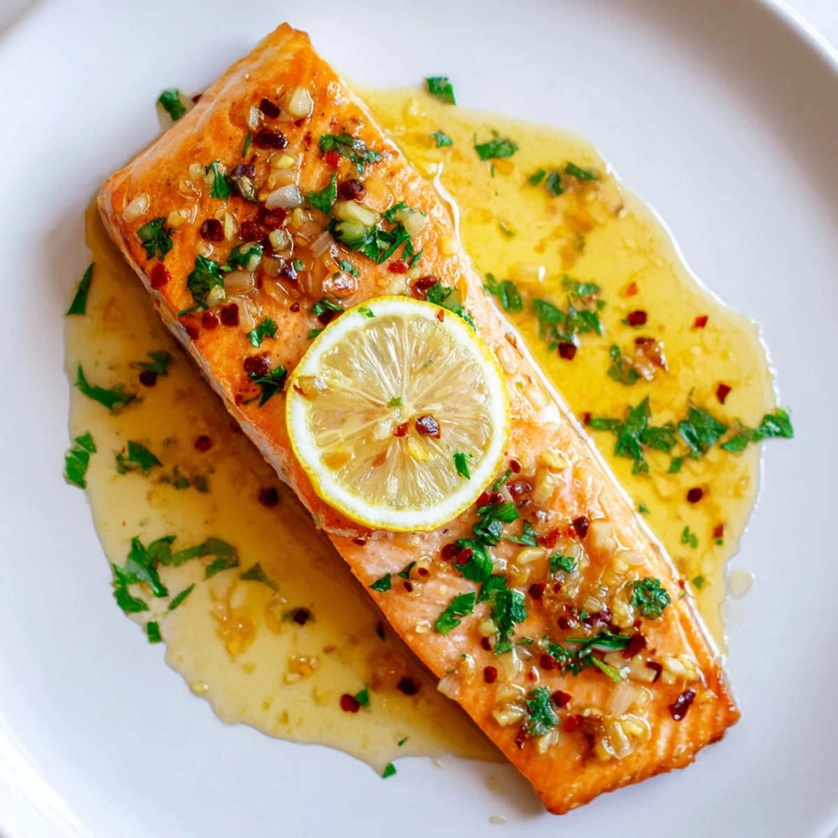 Lemon Garlic Butter Salmon Fillets with crispy skin and fresh parsley garnish, served alongside steamed vegetables.