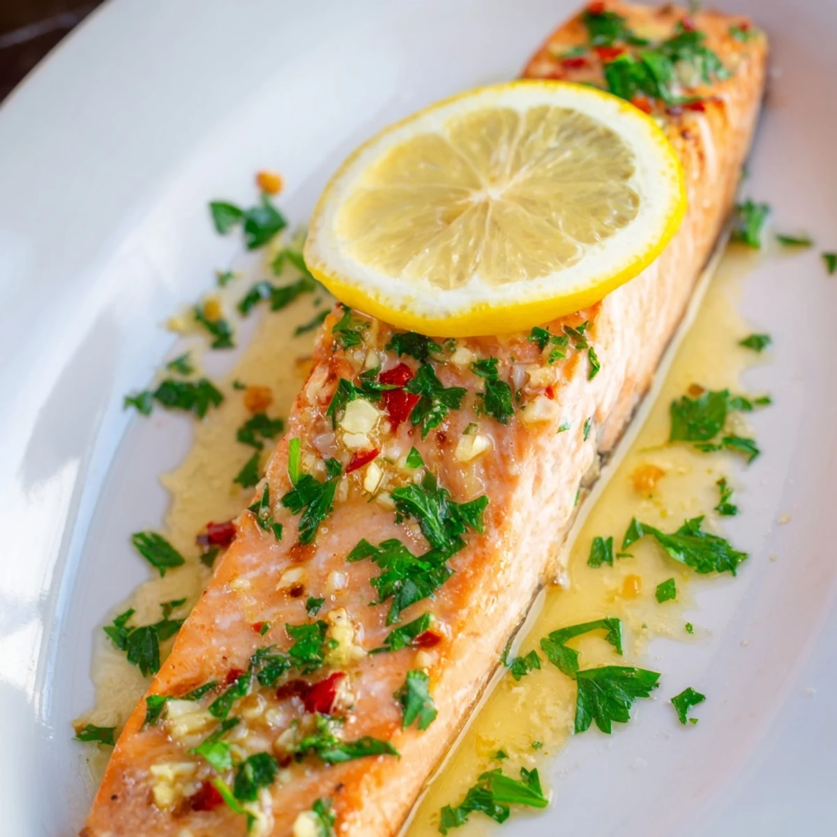 Pan-seared Lemon Garlic Butter Salmon Fillets glistening with melted butter and lemon slices on a white plate.