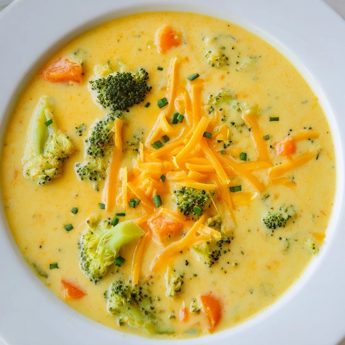 Creamy Broccoli Cheddar Soup with Carrots in a white bowl, garnished with fresh chives and extra cheddar.  