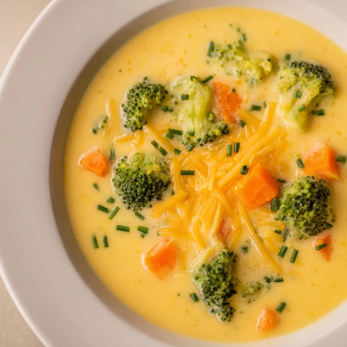 A ladle pours velvety Creamy Broccoli Cheddar Soup with Carrots into a rustic mug.  