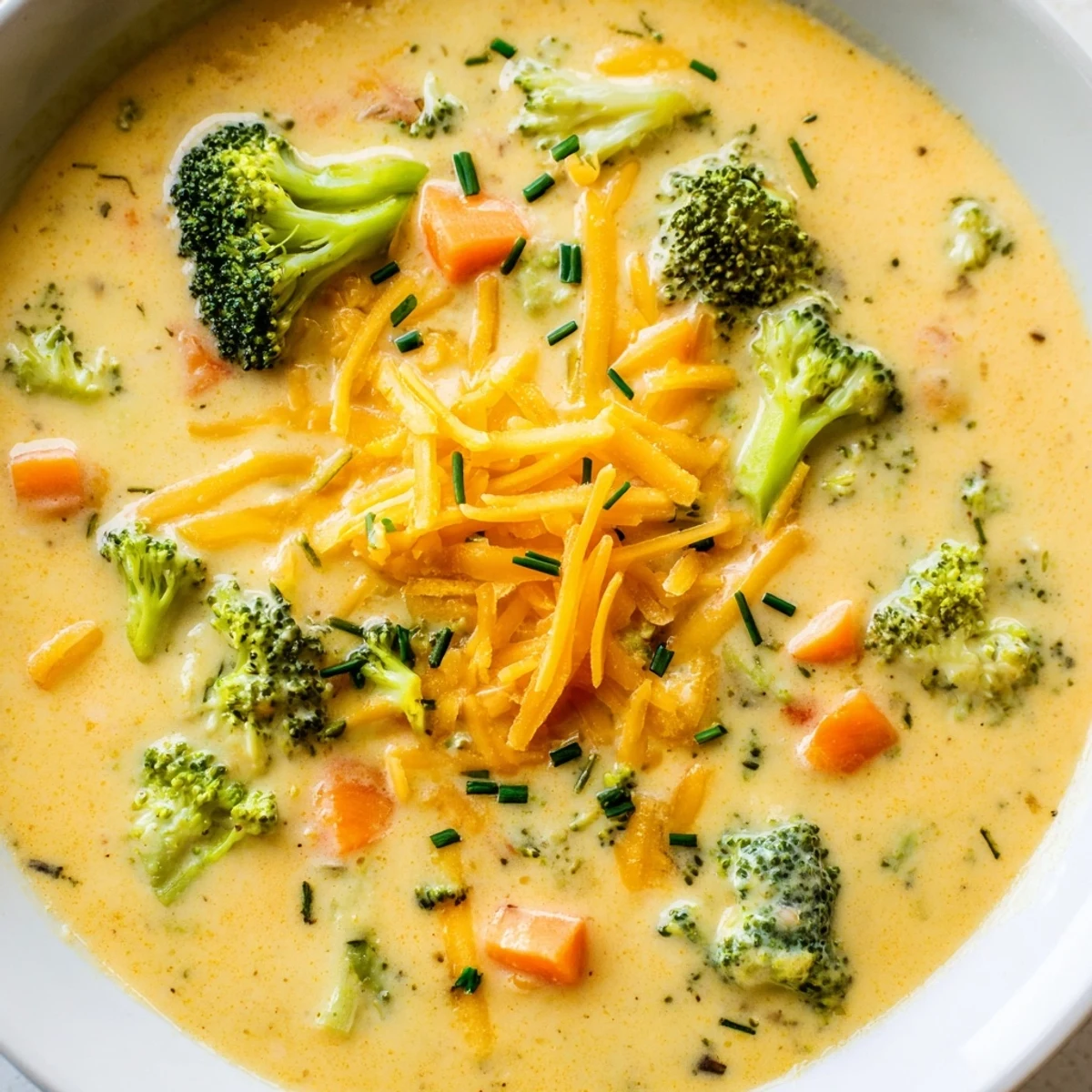 Spoon dipping into steaming Creamy Broccoli Cheddar Soup with Carrots served with crusty bread.