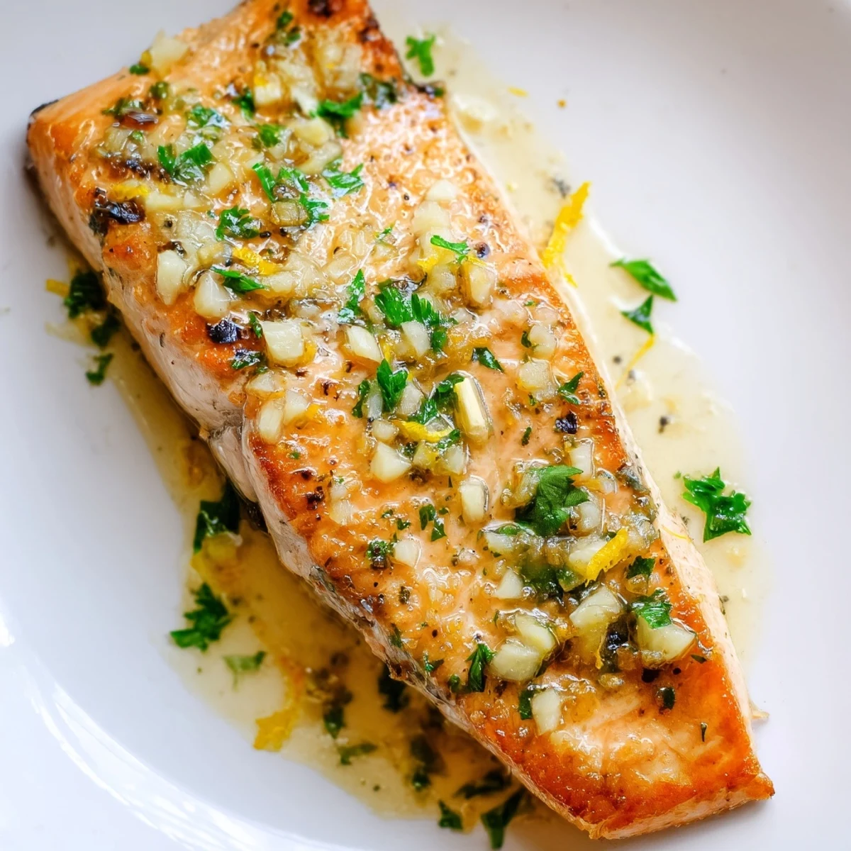Close-up of Lemon Garlic Butter Salmon Fillets drizzled with zesty butter sauce, steaming and ready to serve on a plate.