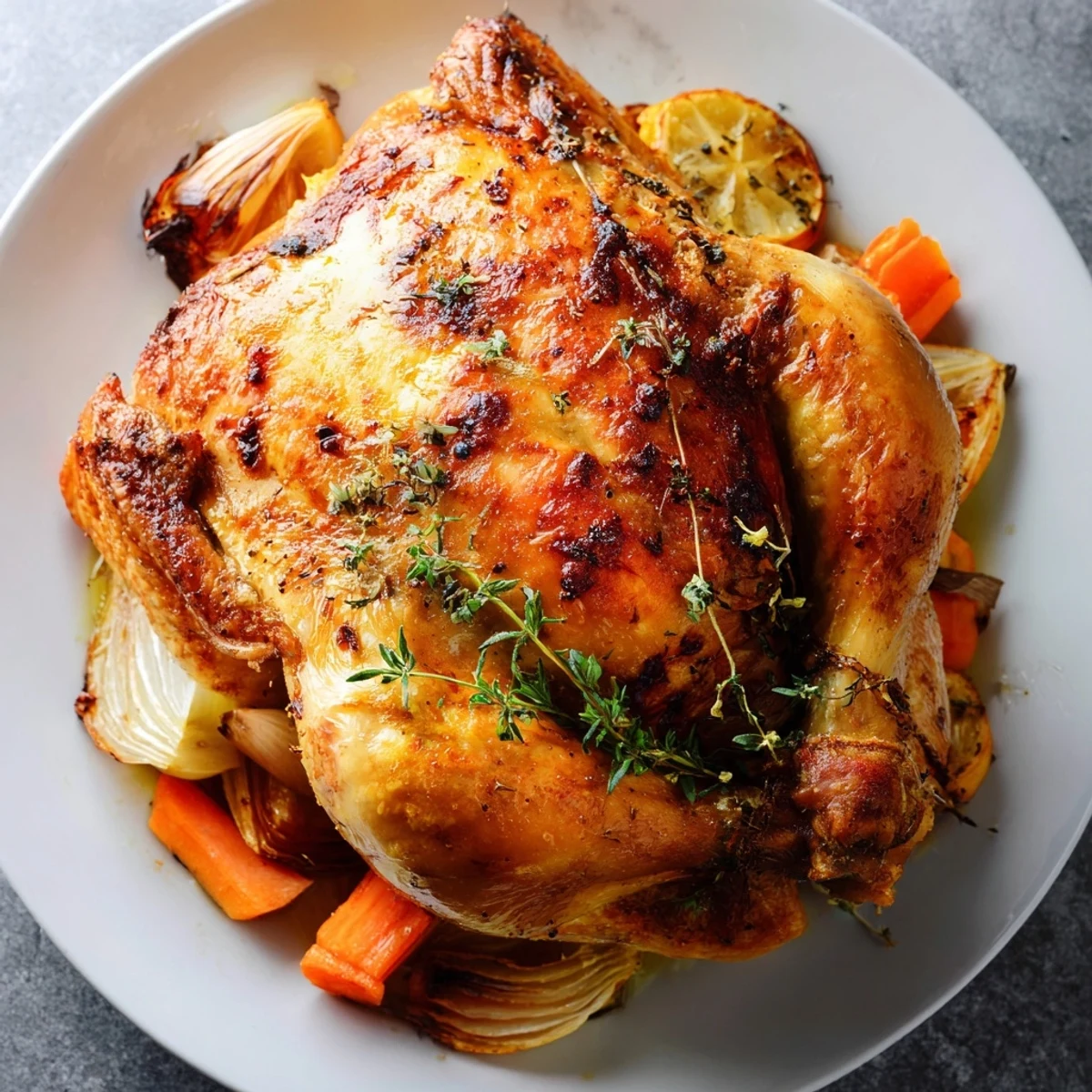 A juicy roasted chicken with lemon and fresh herbs sits on a platter, garnished with rosemary and thyme sprigs for a family dinner.