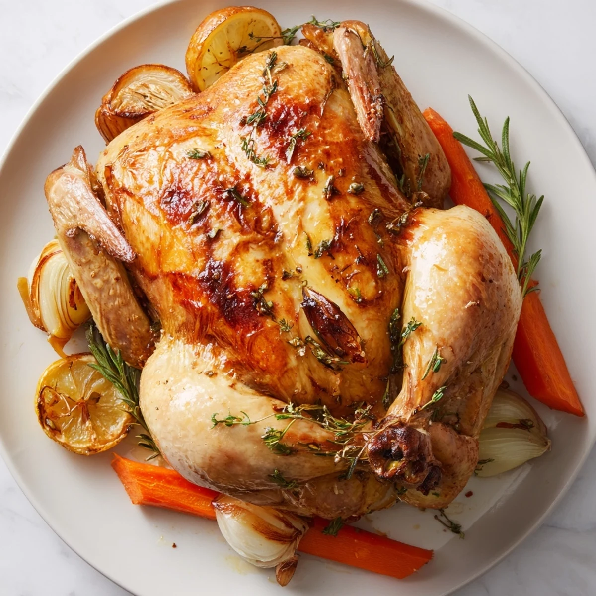 The roasted chicken with lemon and fresh herbs features golden crisp skin, lemon wedges, and pan juices ready for a rustic serving suggestion.