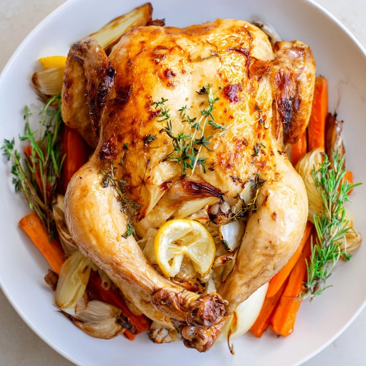 From a classic European kitchen, this roasted chicken with lemon and fresh herbs rests beside roasted carrots and celery for a gluten-free main course.