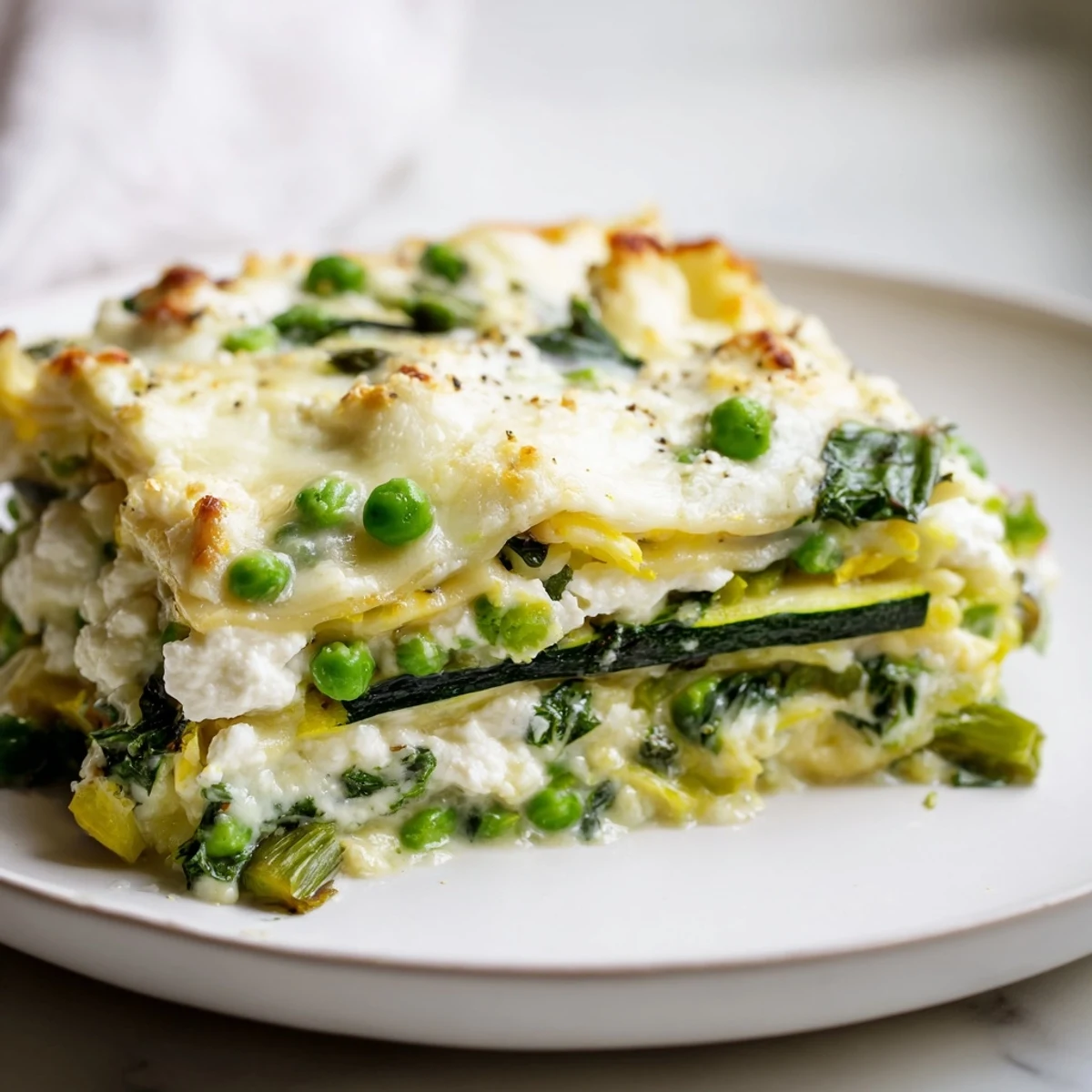 A close-up of Spring Vegetable Lasagna with Béchamel highlighting tender veggies and a golden, cheesy crust.