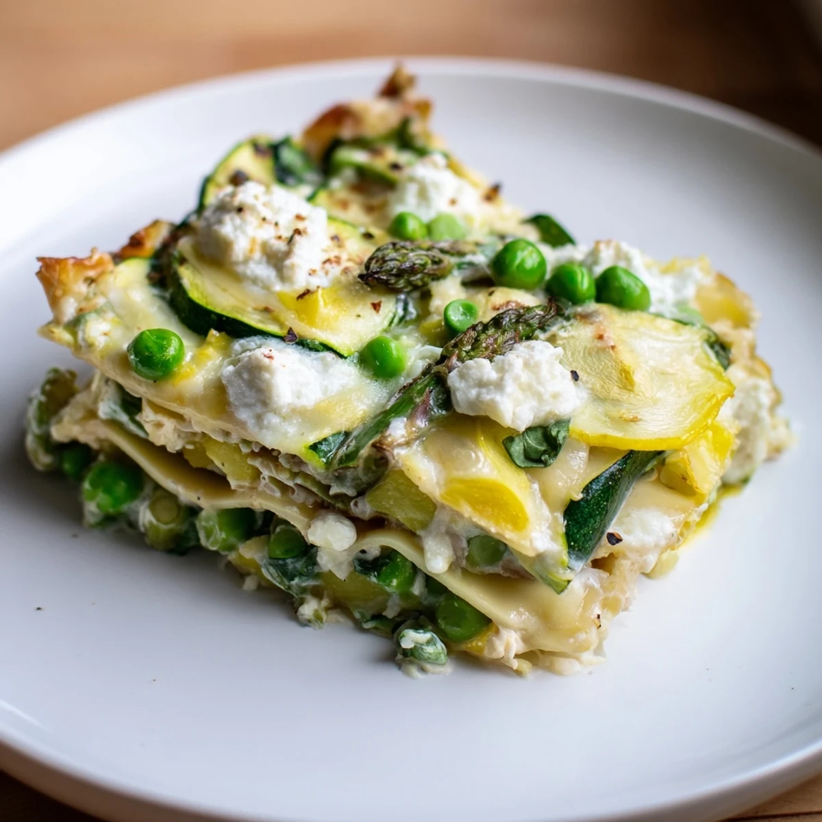 Spring Vegetable Lasagna with Béchamel sliced to show layers of zucchini, asparagus, and creamy sauce.