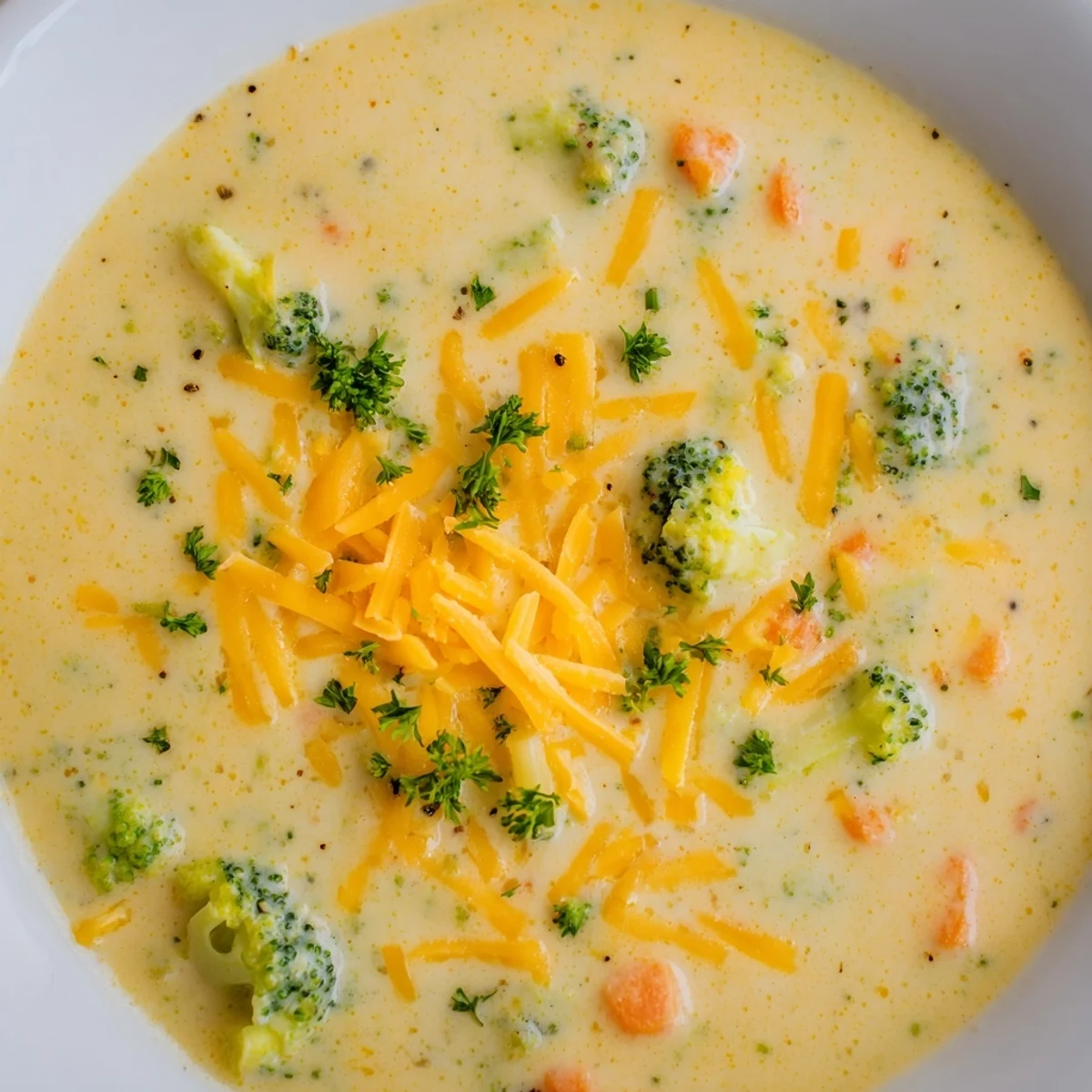 A bowl of Creamy Broccoli Cheddar Soup with Carrots, garnished with fresh chives and extra shredded cheddar.