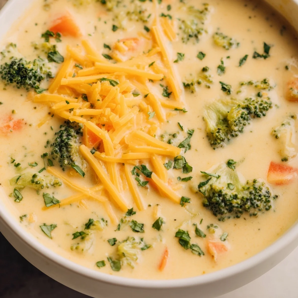 Creamy Broccoli Cheddar Soup with Carrots steams in a rustic mug, showcasing tender broccoli florets and bright orange carrot pieces.