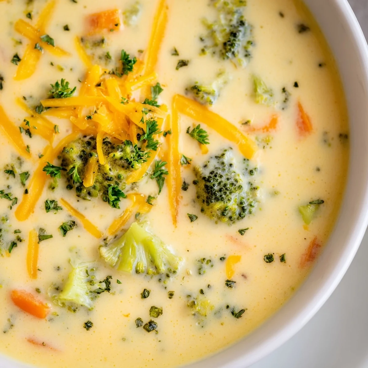 Homemade Creamy Broccoli Cheddar Soup with Carrots ladled into a bread bowl, perfect for a cozy American dinner.