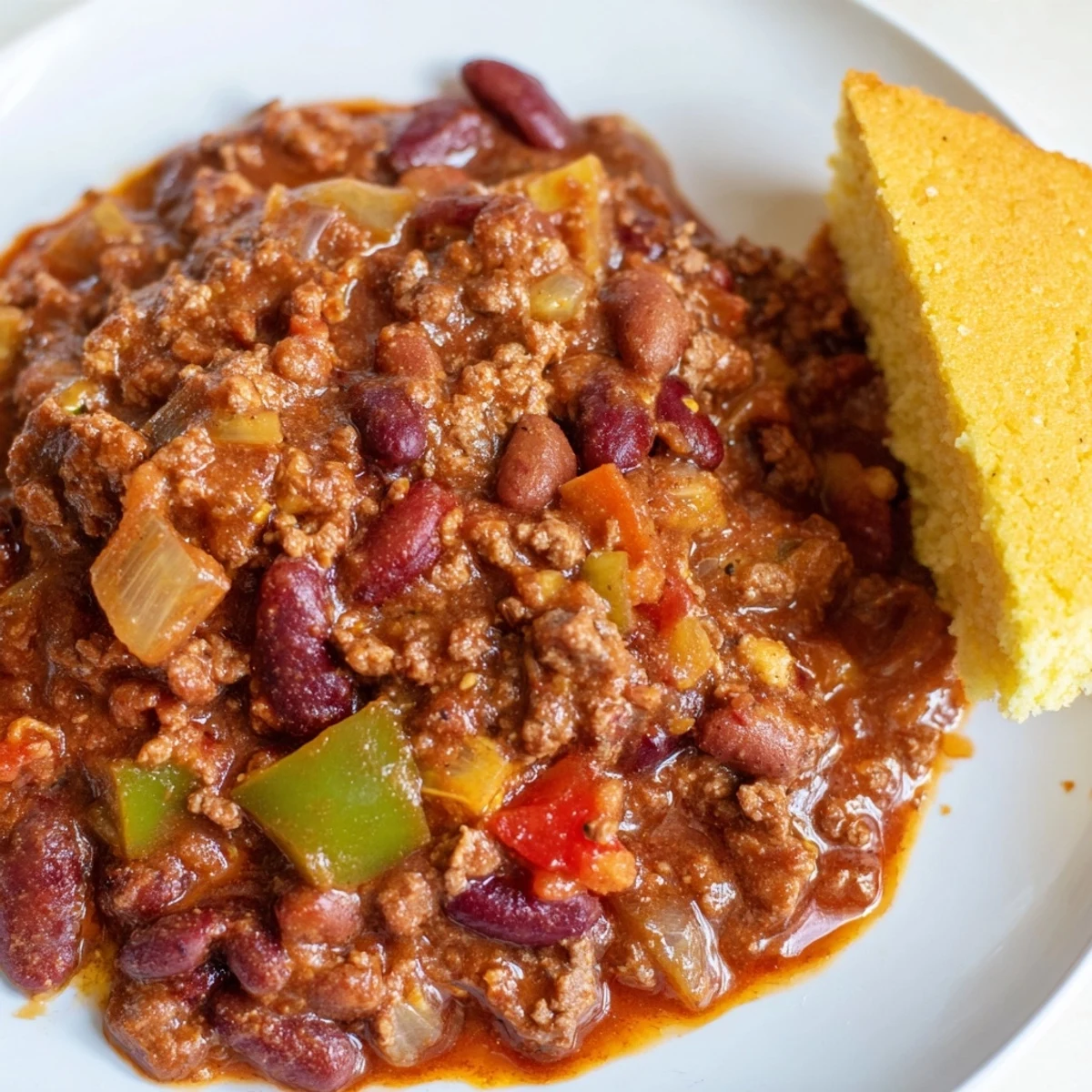 A steaming bowl of Beef and Bean Chili with Cornbread sits beside a block of butter and a dollop of sour cream.