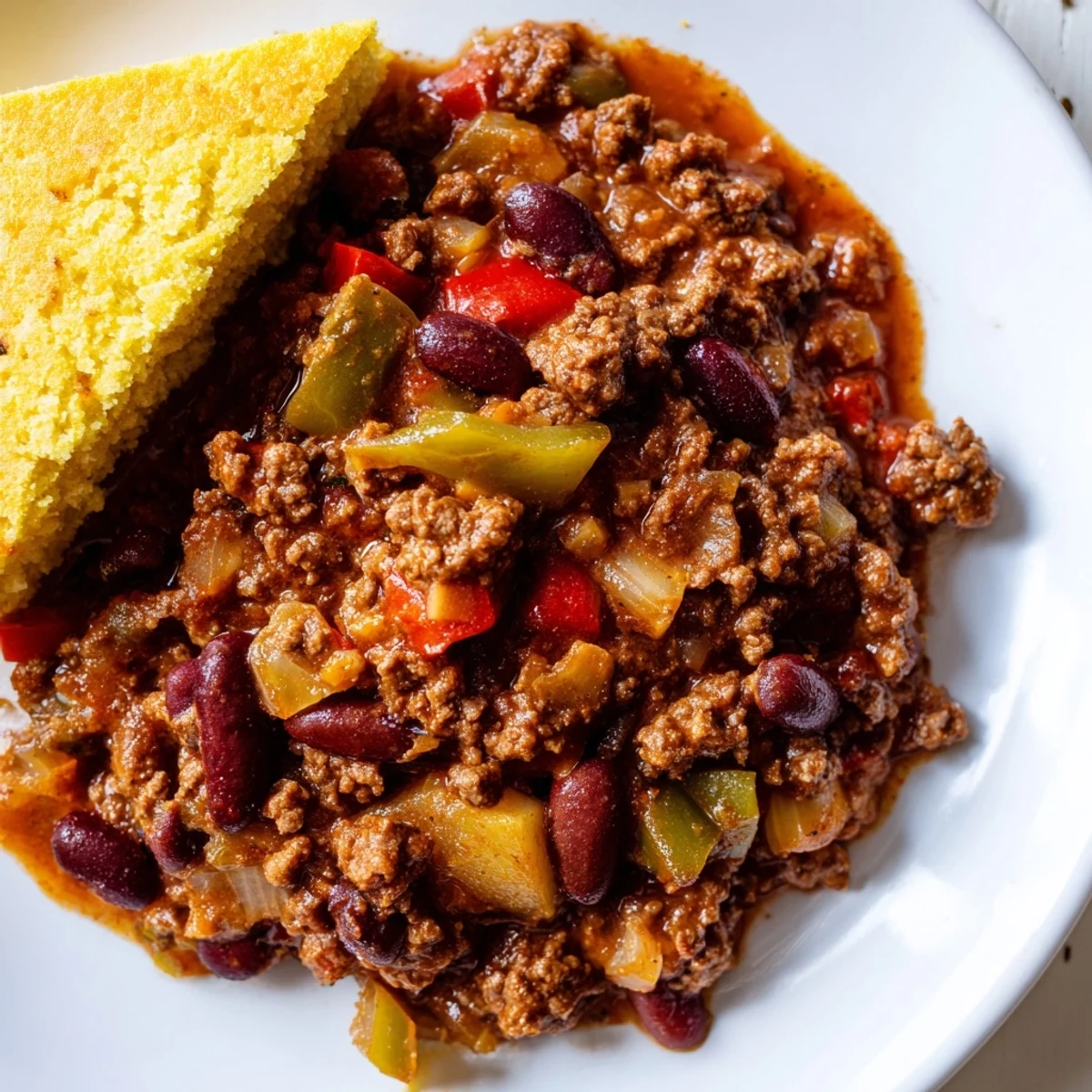 Hearty Beef and Bean Chili with Cornbread is served hot in a rustic bowl, garnished with shredded cheddar and cilantro.