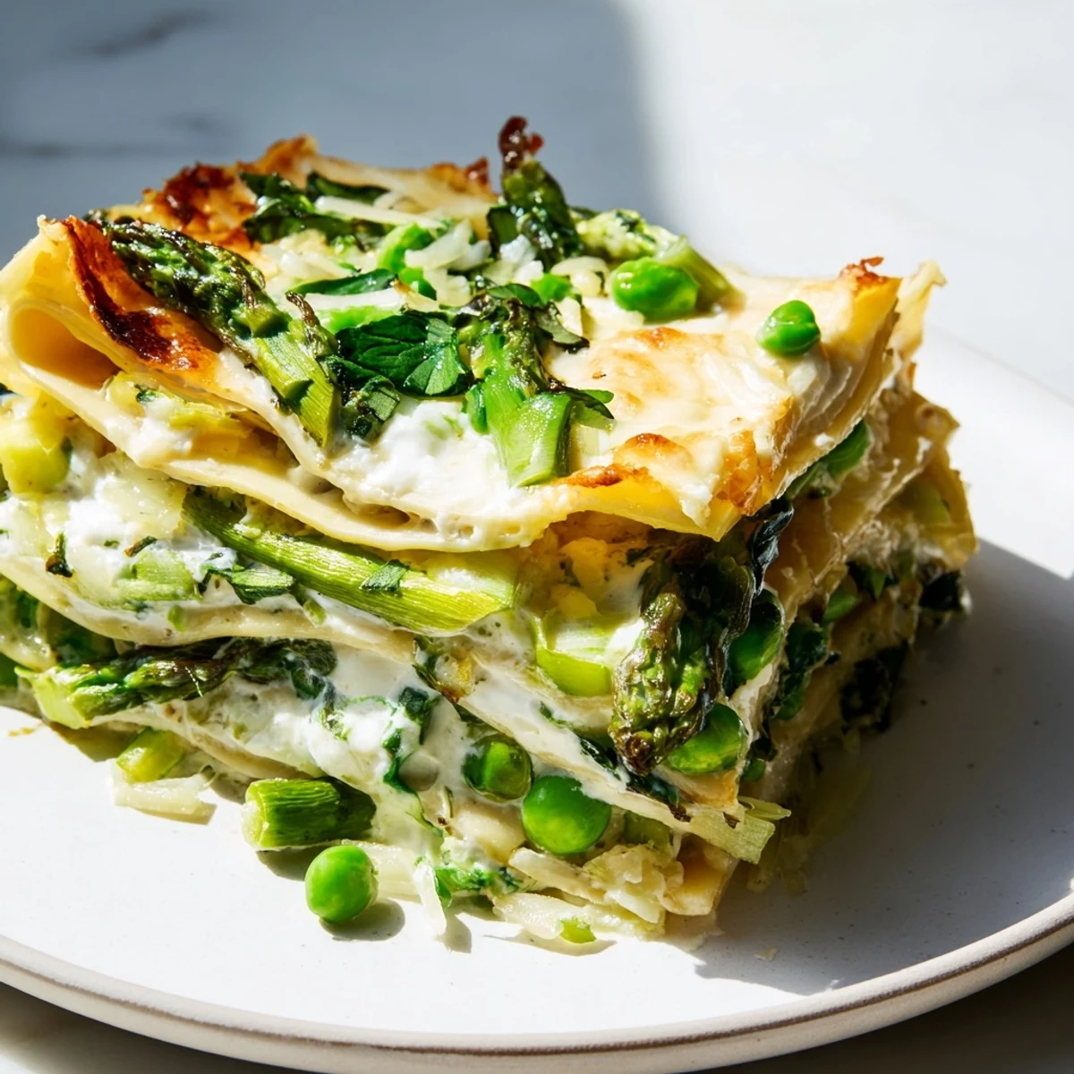 Golden, bubbling Spring Vegetable Lasagna with White Sauce features layers of asparagus, peas, and creamy béchamel.
