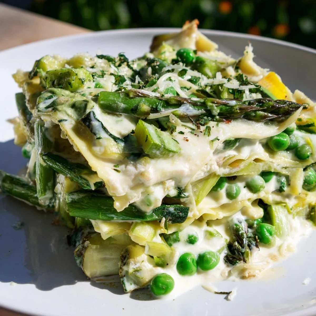 A close-up of Spring Vegetable Lasagna with White Sauce shows vibrant green veggies and melted cheese.