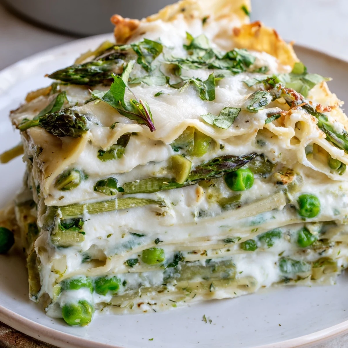 Sliced Spring Vegetable Lasagna with White Sauce on a plate, garnished with basil, ready for a spring dinner.