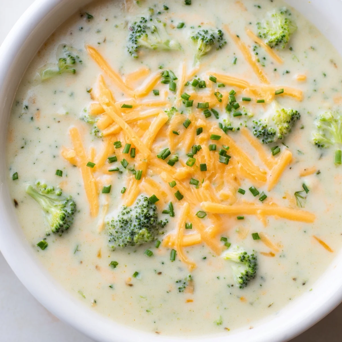 Creamy broccoli cheddar soup steaming in a white bowl, garnished with extra cheese and fresh chives.
