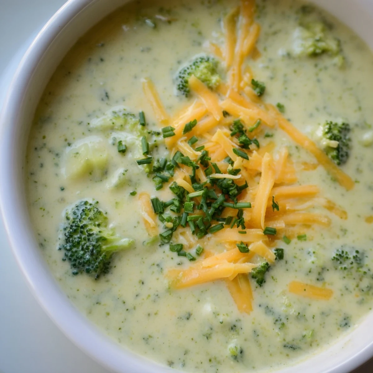 A bowl of creamy broccoli cheddar soup served with crusty bread on a rustic wooden table.
