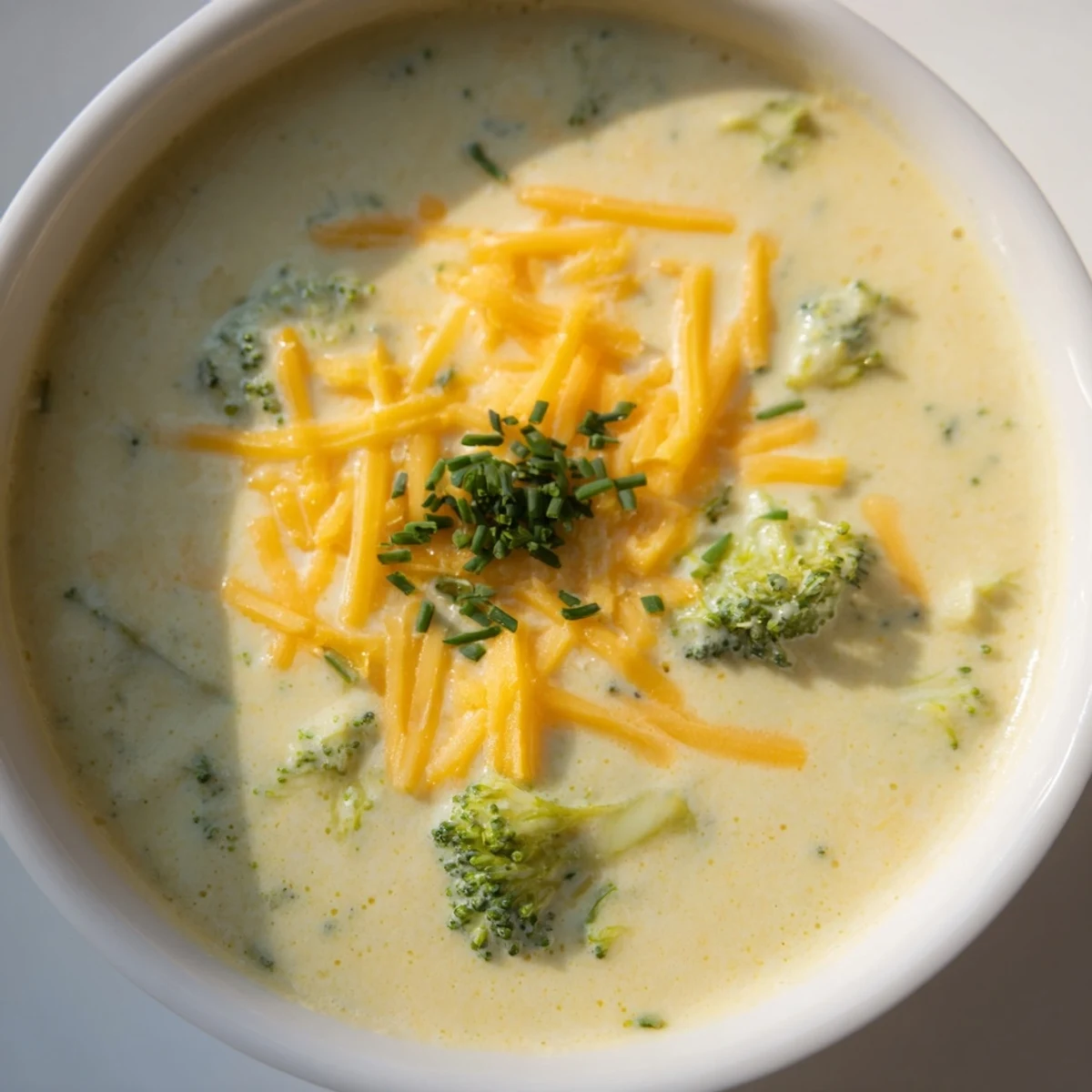 Velvety creamy broccoli cheddar soup with tender broccoli florets and melted sharp cheddar cheese.