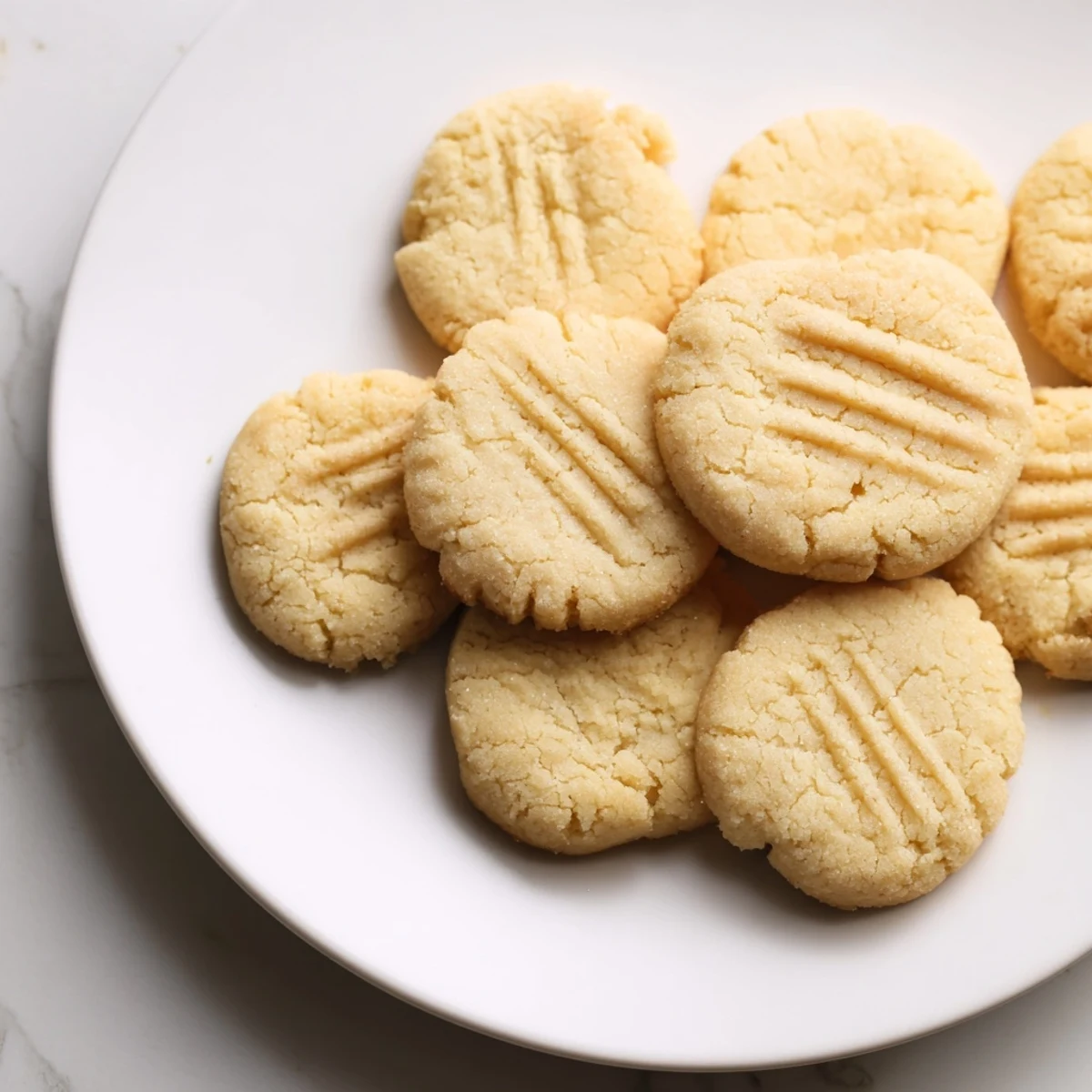 Golden keto butter cookies on a cooling rack, showing a crisscross fork pattern, with almond flour and powdered sweetener ingredients nearby.