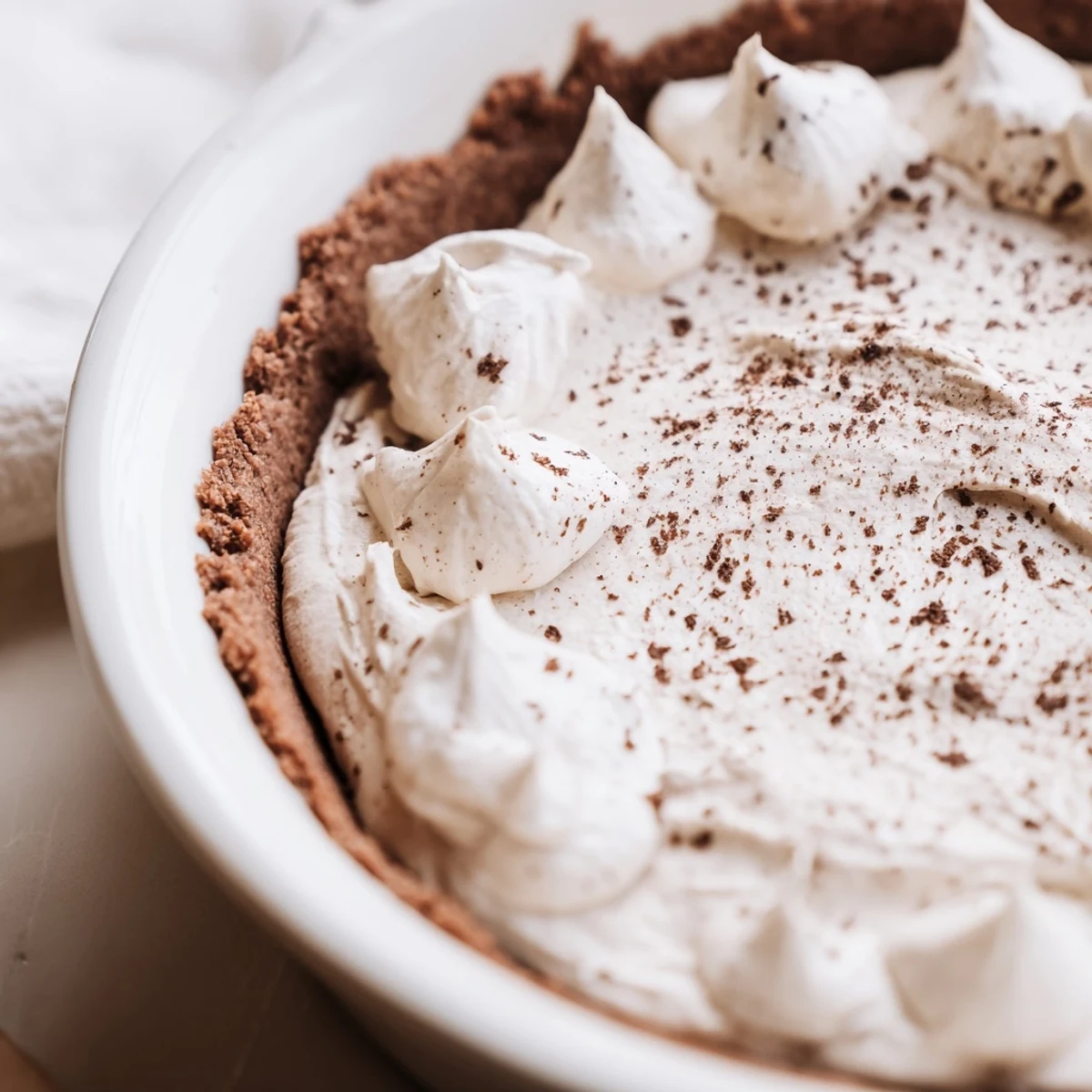 A slice of Keto Cold Brew Coffee Pie showcases a creamy filling with a crisp almond flour crust, garnished with coffee beans.