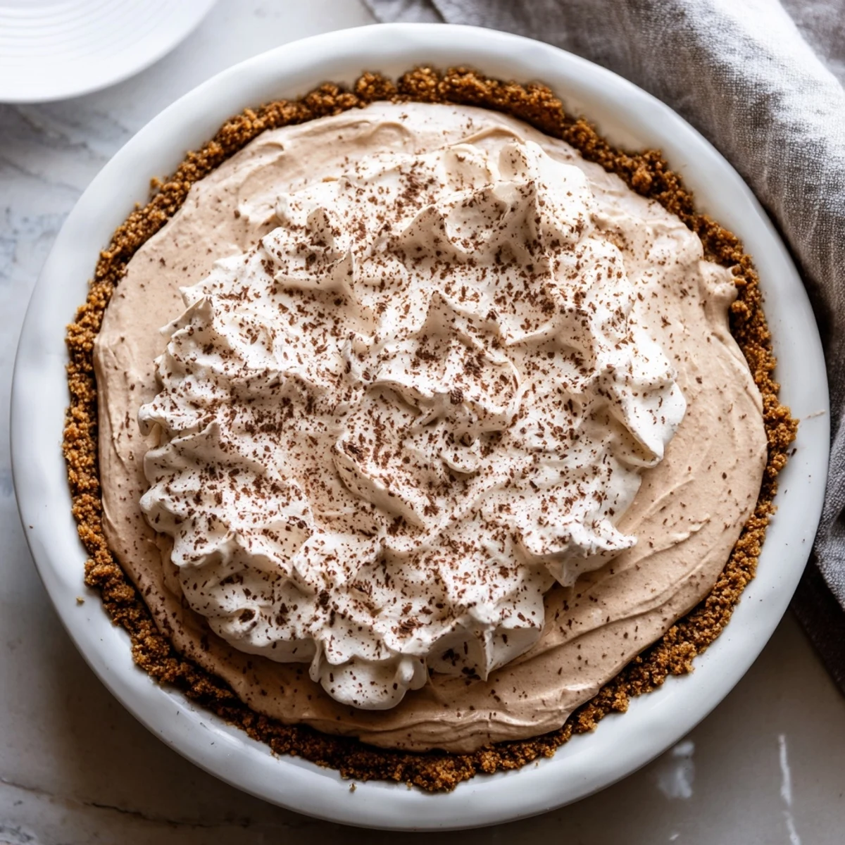 Bright morning light highlights a chilled Keto Cold Brew Coffee Pie served on a rustic American kitchen table.
