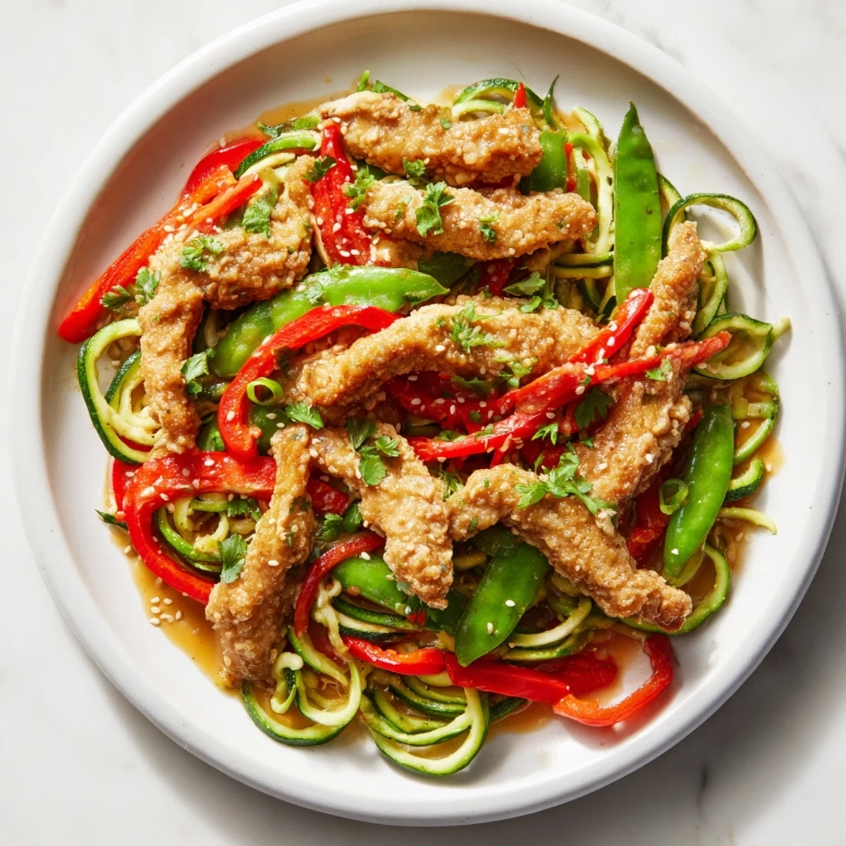 Tender chicken strips and crisp zucchini noodles shine in this Garlic Chicken Zucchini Noodles Stir Fry with a garlicky sauce.