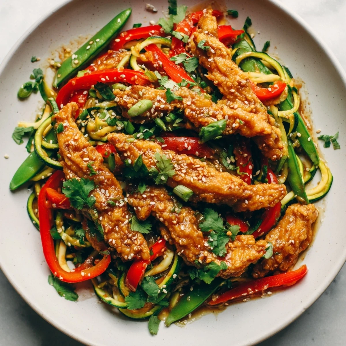 A close-up shows the vibrant red bell peppers and green snap peas mixed into the Garlic Chicken Zucchini Noodles Stir Fry.