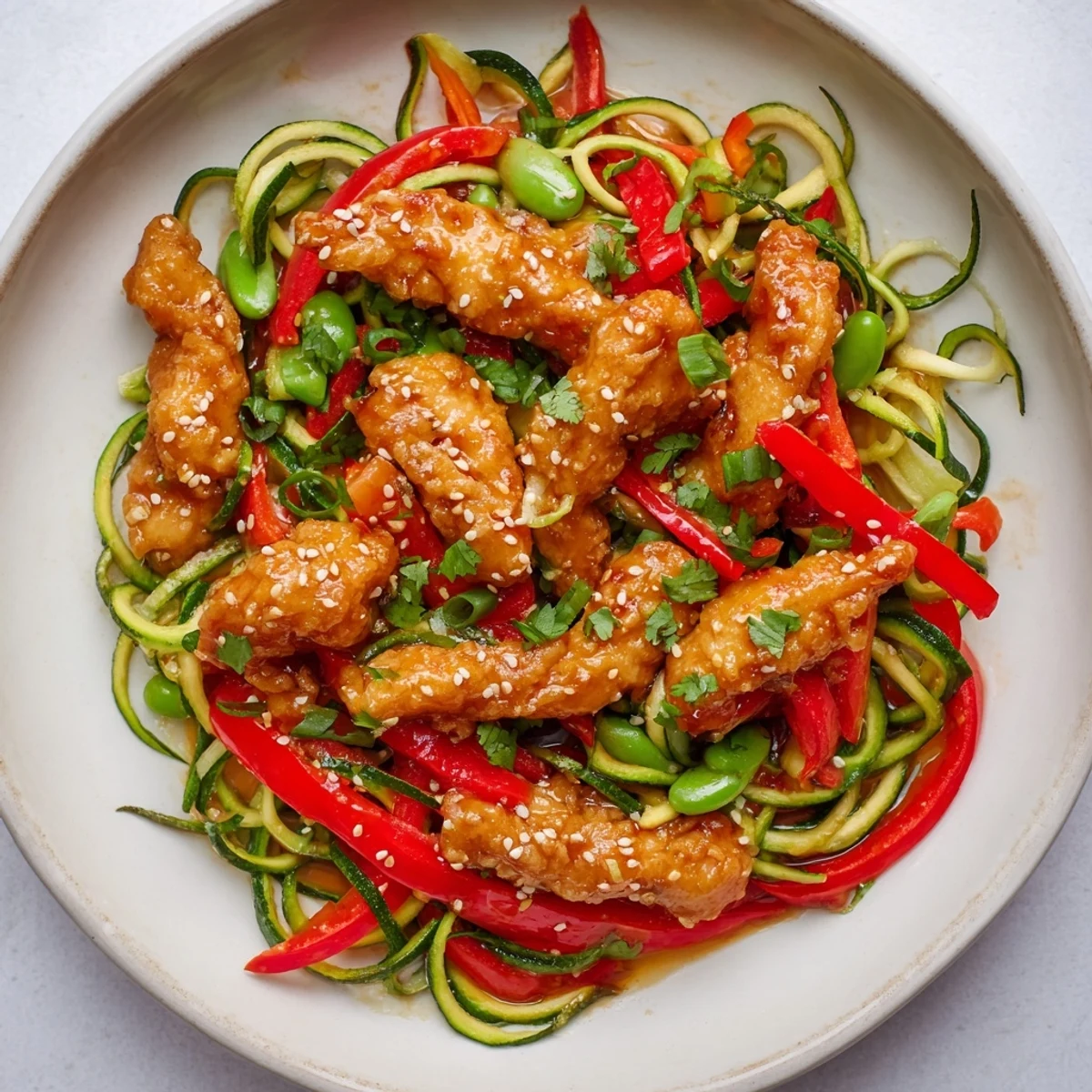 Served on a white plate, the Garlic Chicken Zucchini Noodles Stir Fry is garnished with sesame seeds and fresh cilantro.