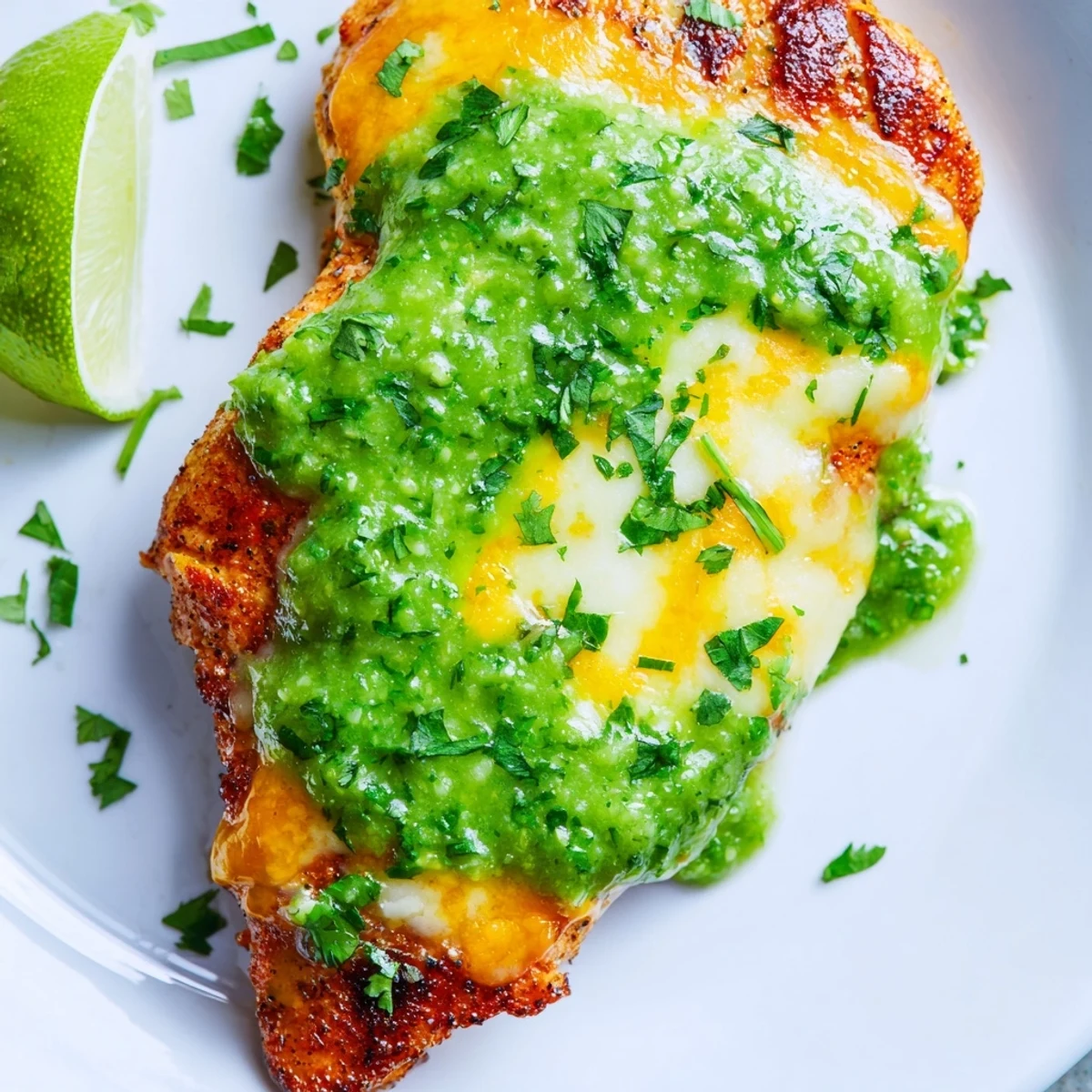 Juicy Grilled Salsa Verde Pepper Jack Chicken fresh off the grill with melted cheese and cilantro garnish.