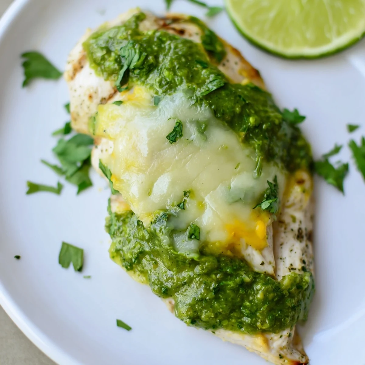 A close up of Grilled Salsa Verde Pepper Jack Chicken topped with bright salsa verde and avocado slices.