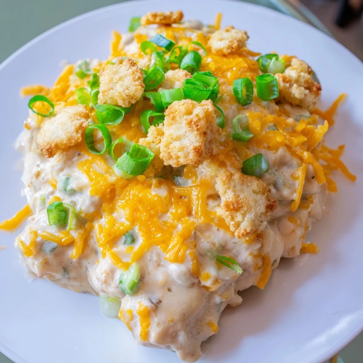 Juicy sour cream and onion chicken breasts served on a dinner plate with a side of steamed broccoli for a complete meal.