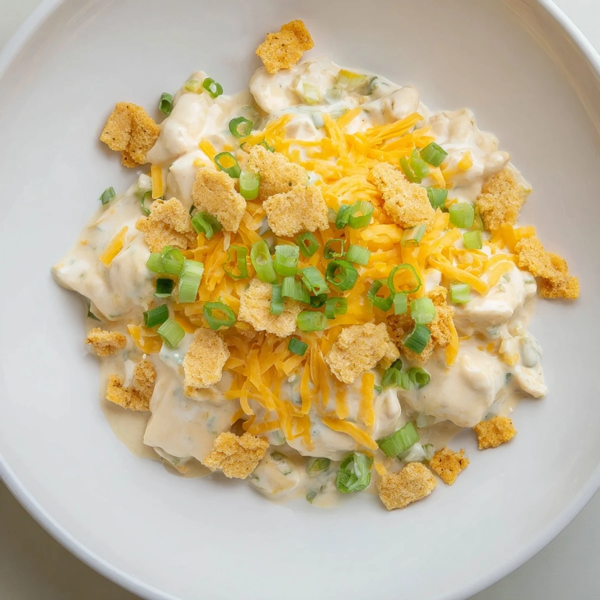 Tender baked sour cream and onion chicken topped with melted cheddar and crunchy gluten-free cracker crumbs on a white plate.
