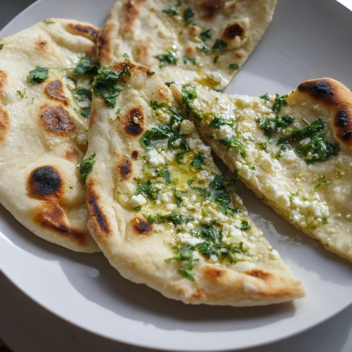 Freshly baked Cottage Cheese Garlic Naan stuffed with creamy cottage cheese, served warm alongside a bowl of curry.
