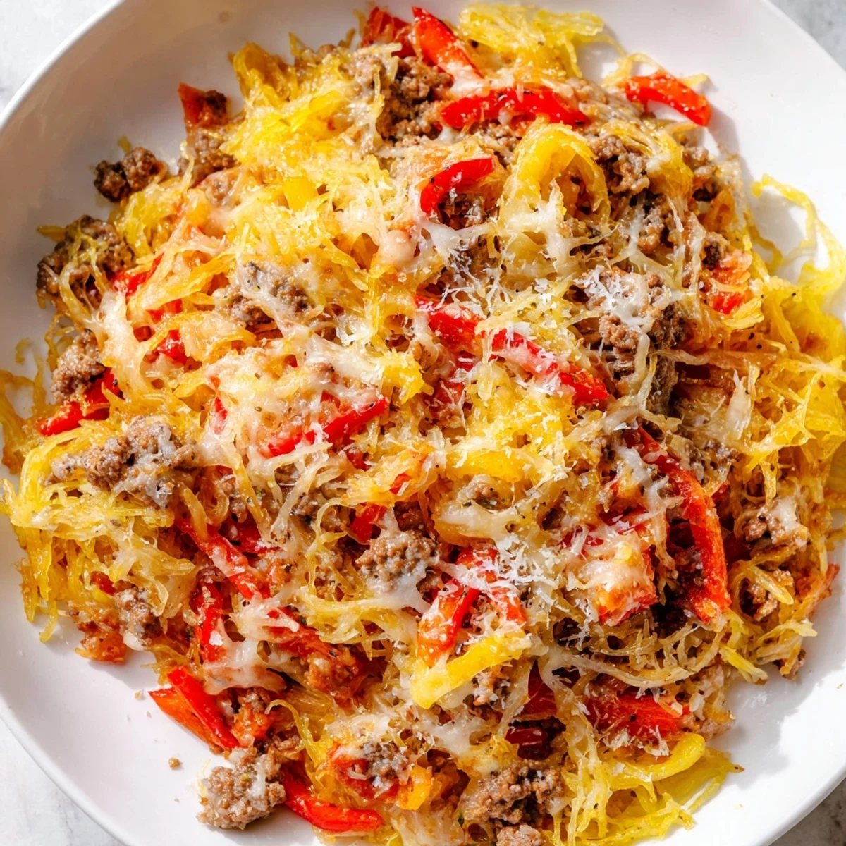 A close-up shows the Sausage and Peppers Spaghetti Squash Casserole garnished with fresh basil and a fork ready to serve.
