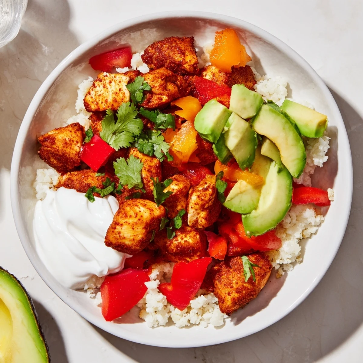Fresh Low Carb Burrito Bowl features seasoned chicken, cauliflower rice, and colorful veggies topped with cheese and salsa.