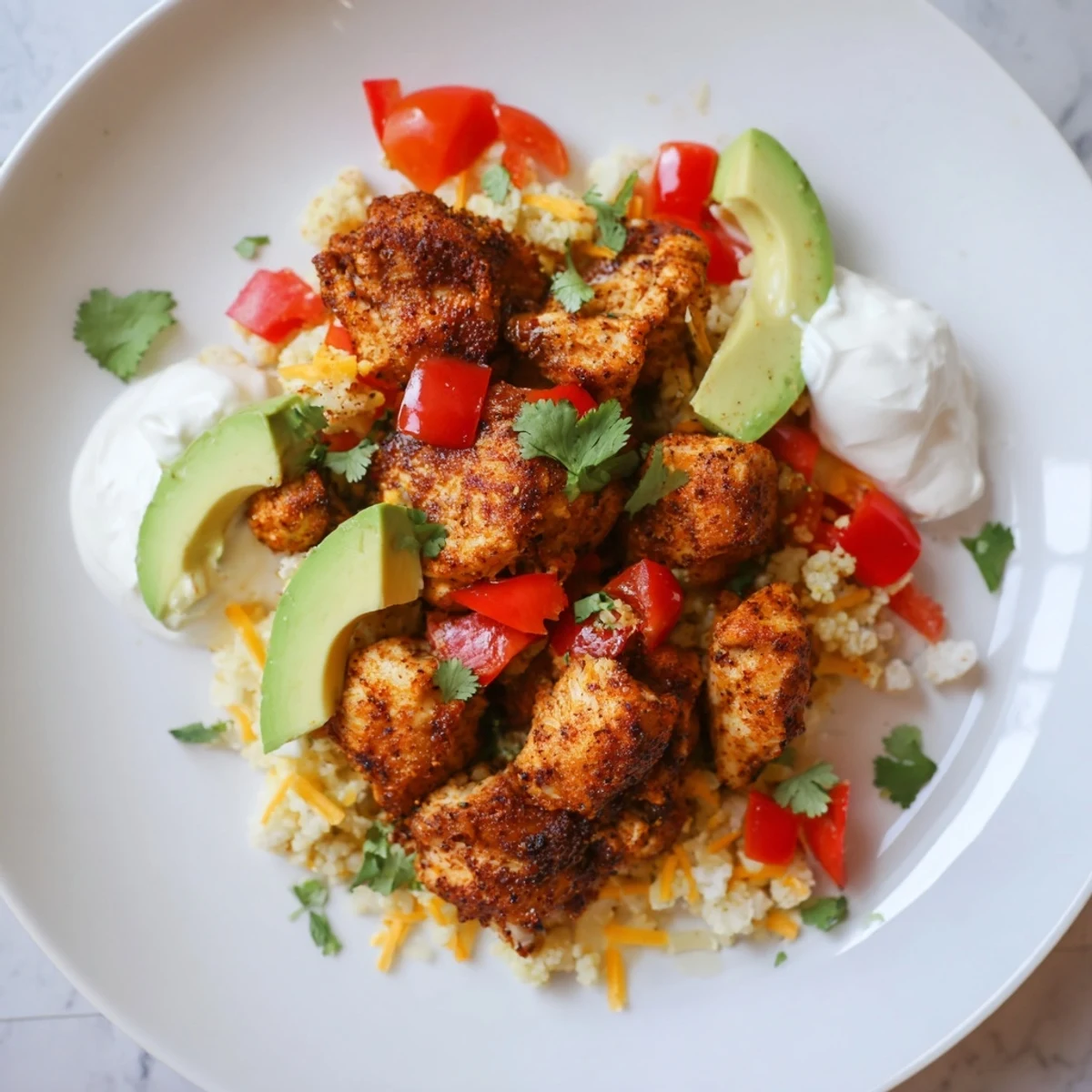 A Low Carb Burrito Bowl with cauliflower rice, salsa, cheese, and sour cream ready for a quick weeknight meal.