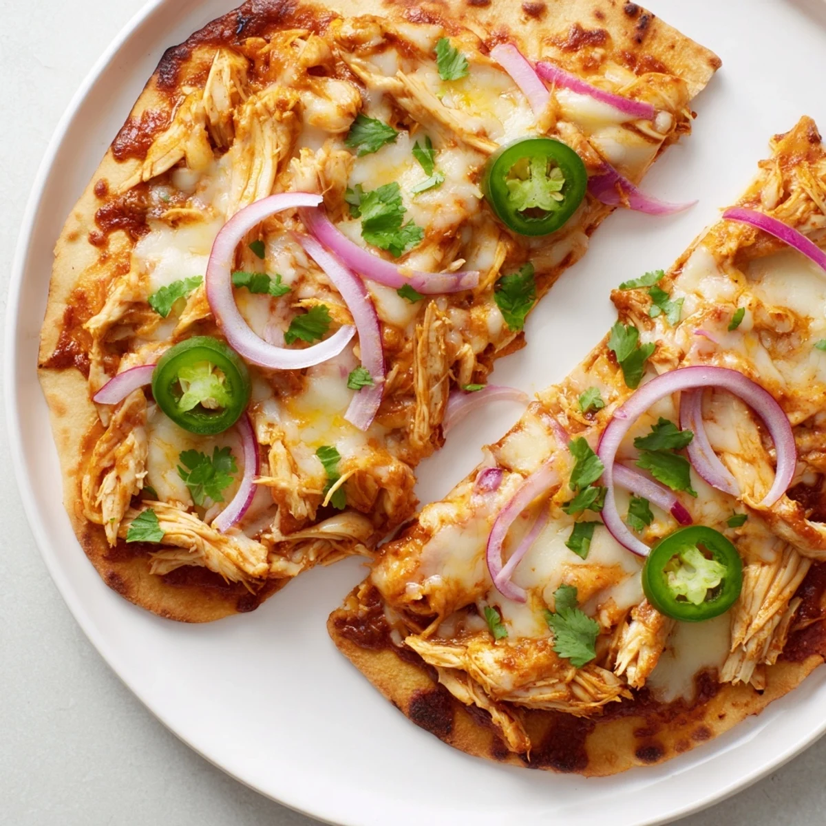 Golden BBQ Chicken Flatbread slices served warm with tangy barbecue sauce drizzle, jalapeños, and a side of crisp green salad.