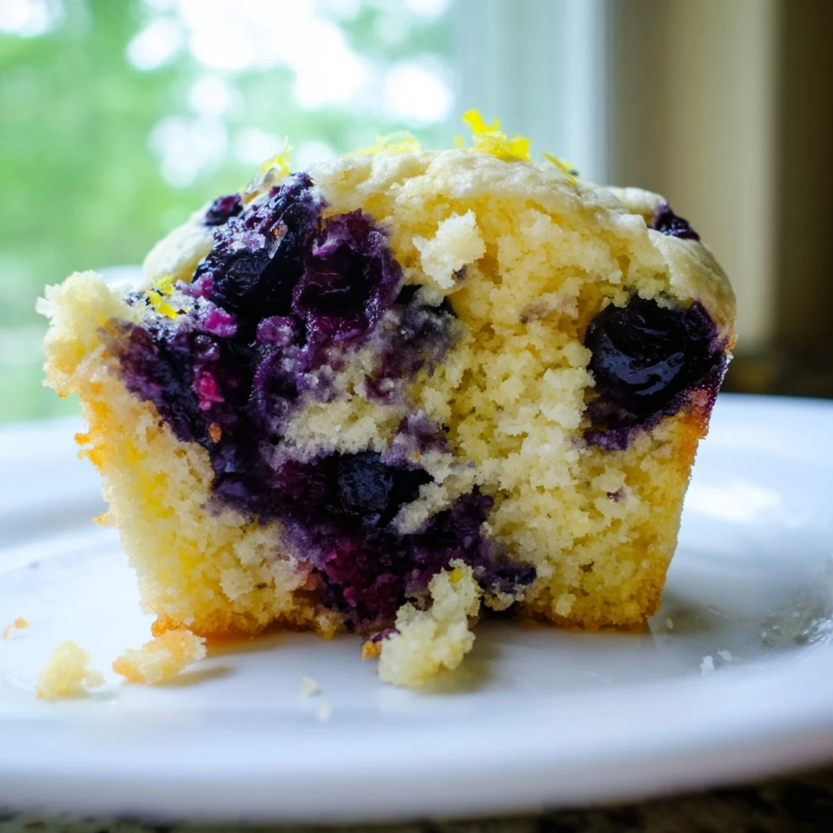 Freshly baked Sourdough Blueberry Muffins cooling on a rack, showcasing moist interiors with bright pops of blue fruit.