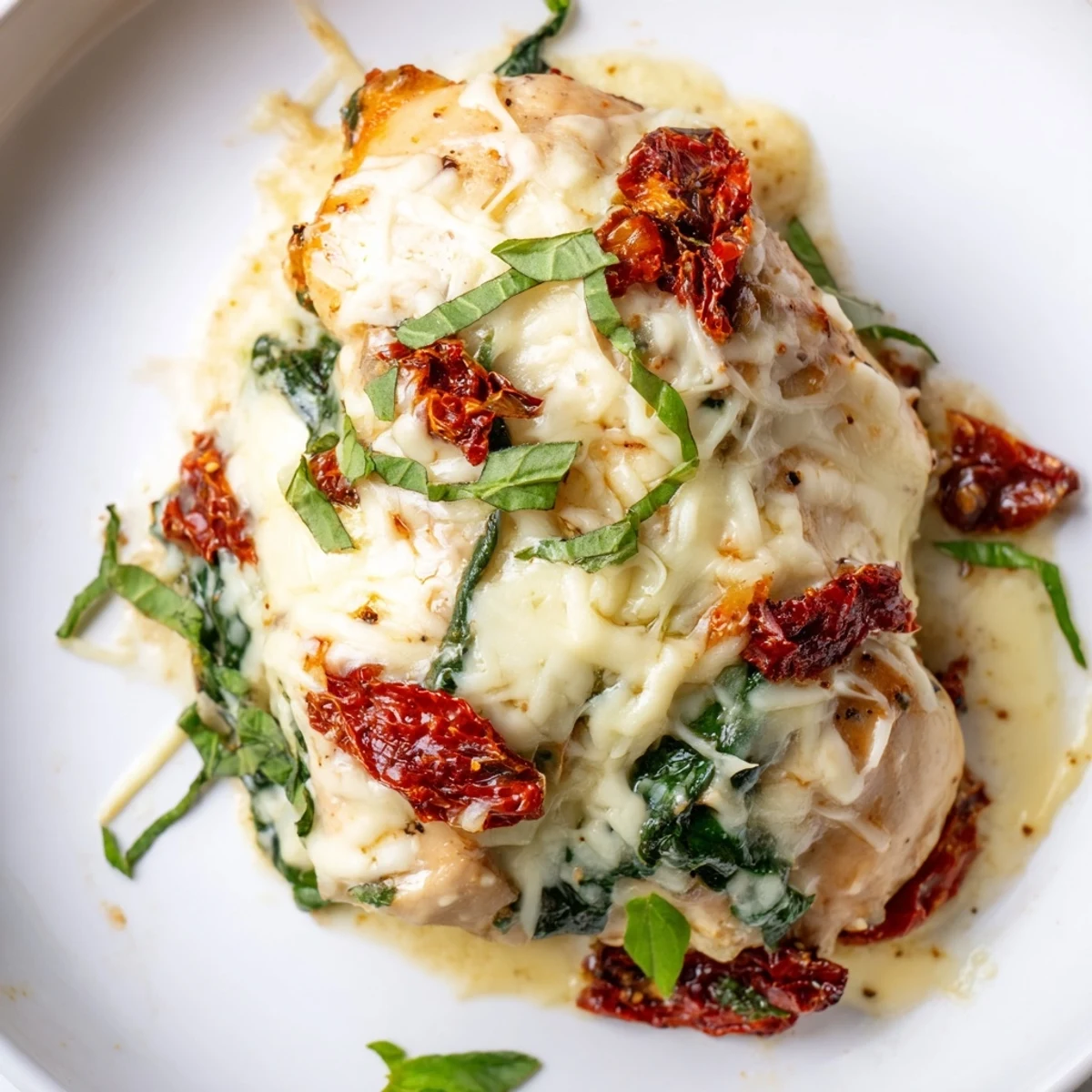 Creamy Marry Me Low Carb Chicken Casserole with bubbly golden mozzarella and sun-dried tomatoes served hot.