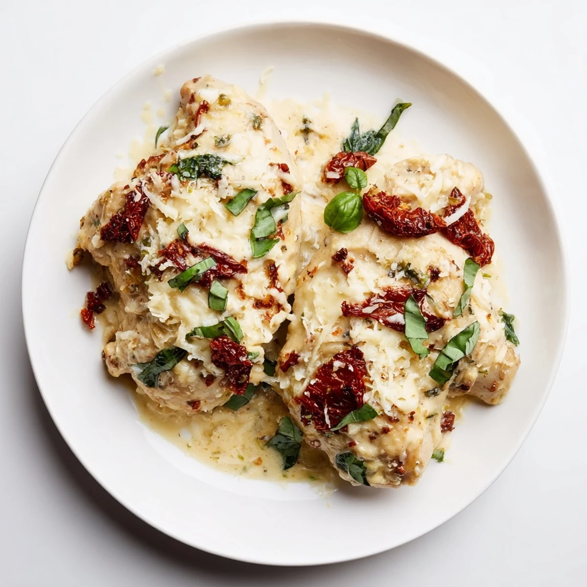 A skillet of Marry Me Low Carb Chicken Casserole garnished with fresh basil, spinach, and sun-dried tomatoes.
