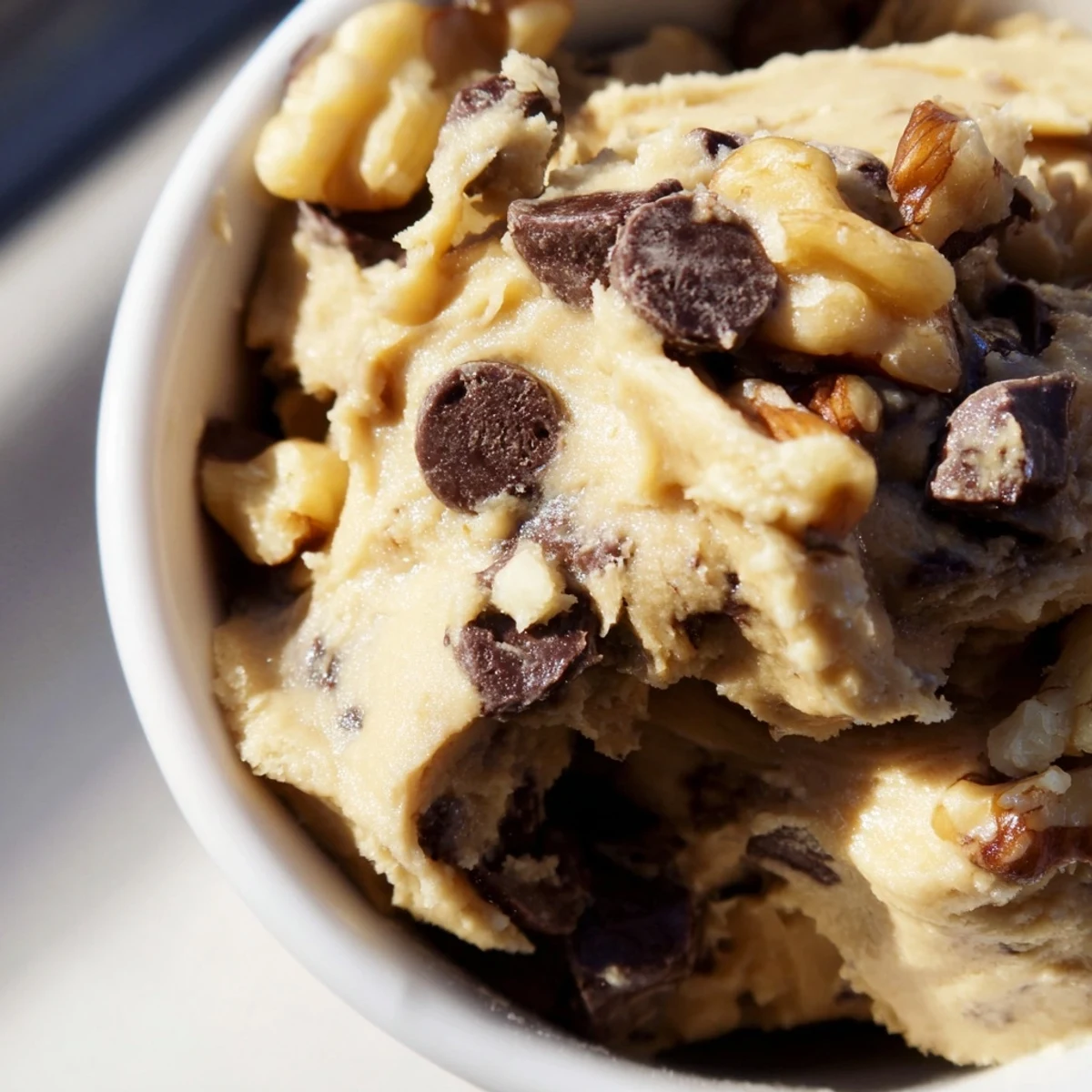 Creamy Guilt Free Greek Yogurt Cookie Dough with chocolate chips in a bowl, ready to eat.